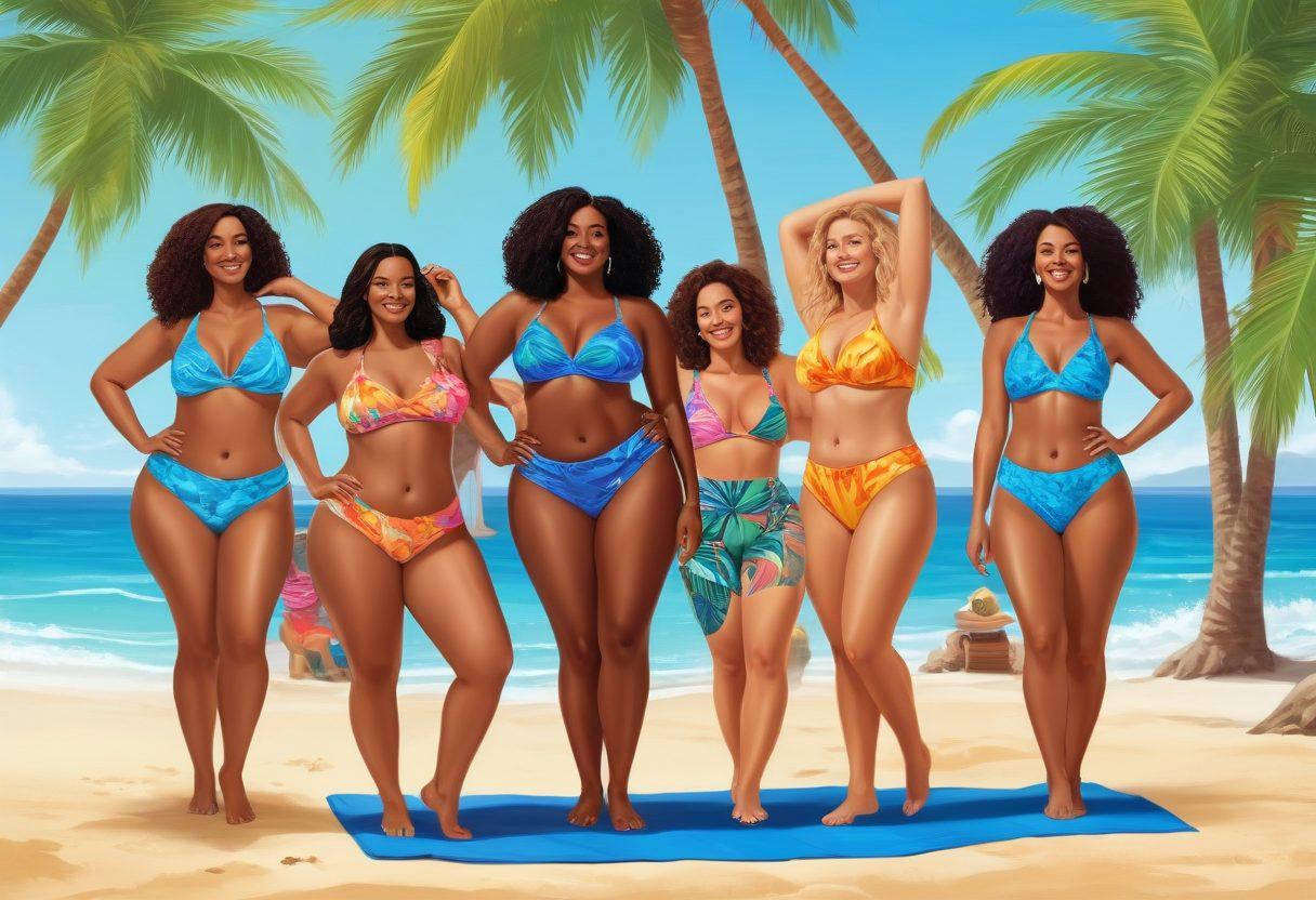 A diverse group of women of all shapes and sizes confidently modeling vibrant swimwear on a sunny beach, showcasing a celebration of body positivity. In the background, a wellness routine is visible with yoga mats and relaxation areas, highlighting self-care. Bright blue ocean waves and a clear sky create an uplifting atmosphere. Incorporate elements of nature like palm trees for a tropical feel. vector art. vibrant colors.