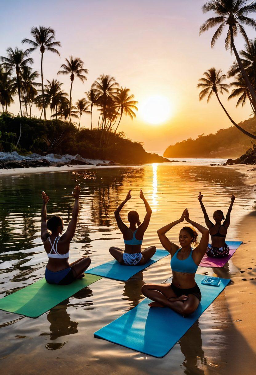 A serene beach scene with a diverse group of joyful individuals wearing sustainable swimwear, enjoying a sunlit day with palm trees and gentle waves. Incorporate elements of self-care like yoga mats, eco-friendly beach accessories, and sunset reflections in the water. Capture a sense of harmony with nature and body positivity. bright colors. tropical vibe. super-realistic.